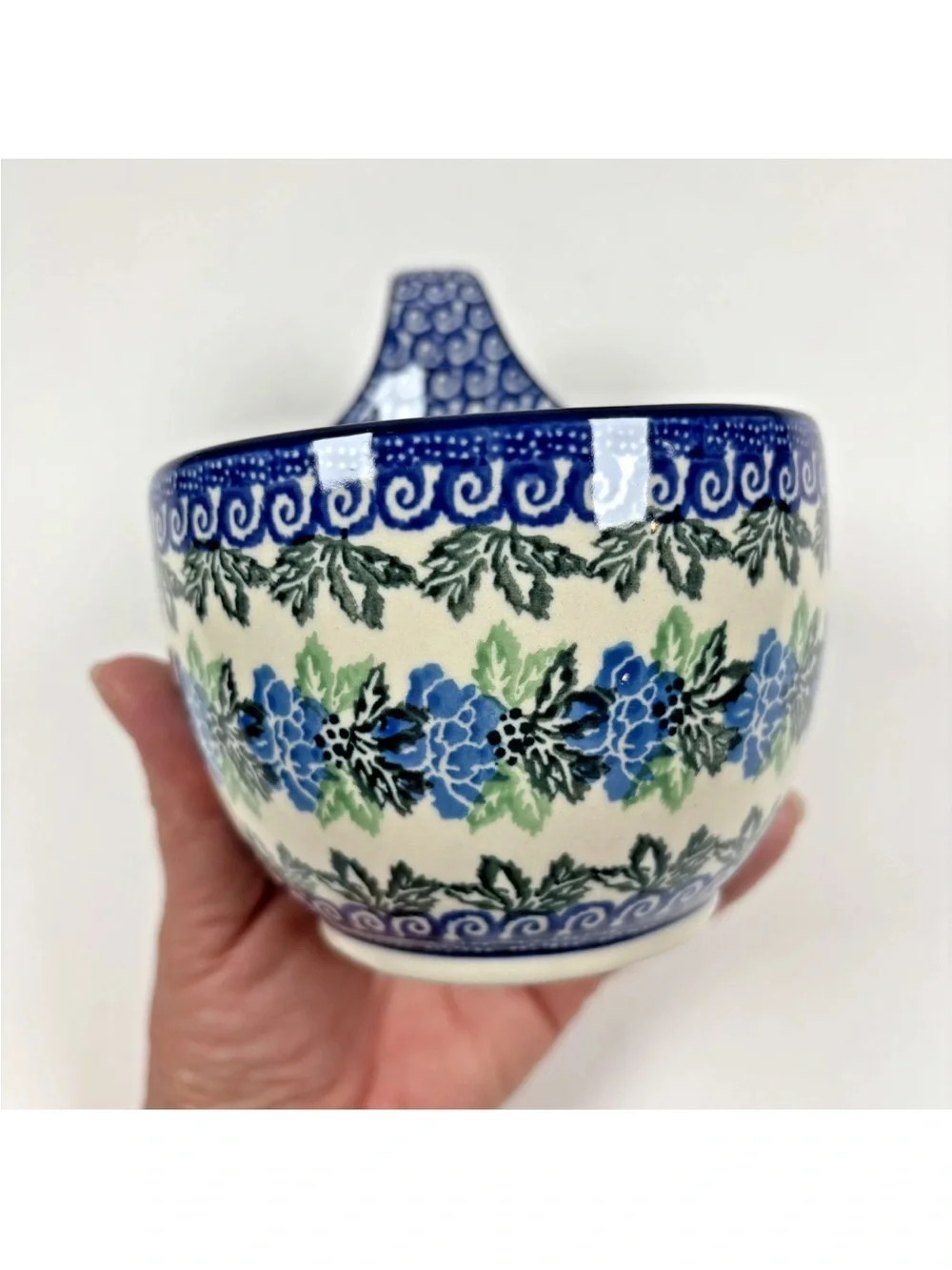 Polish Pottery Soup Bowl Loop Handle Cobalt Blue Green Floral Leaf Boleslawiec